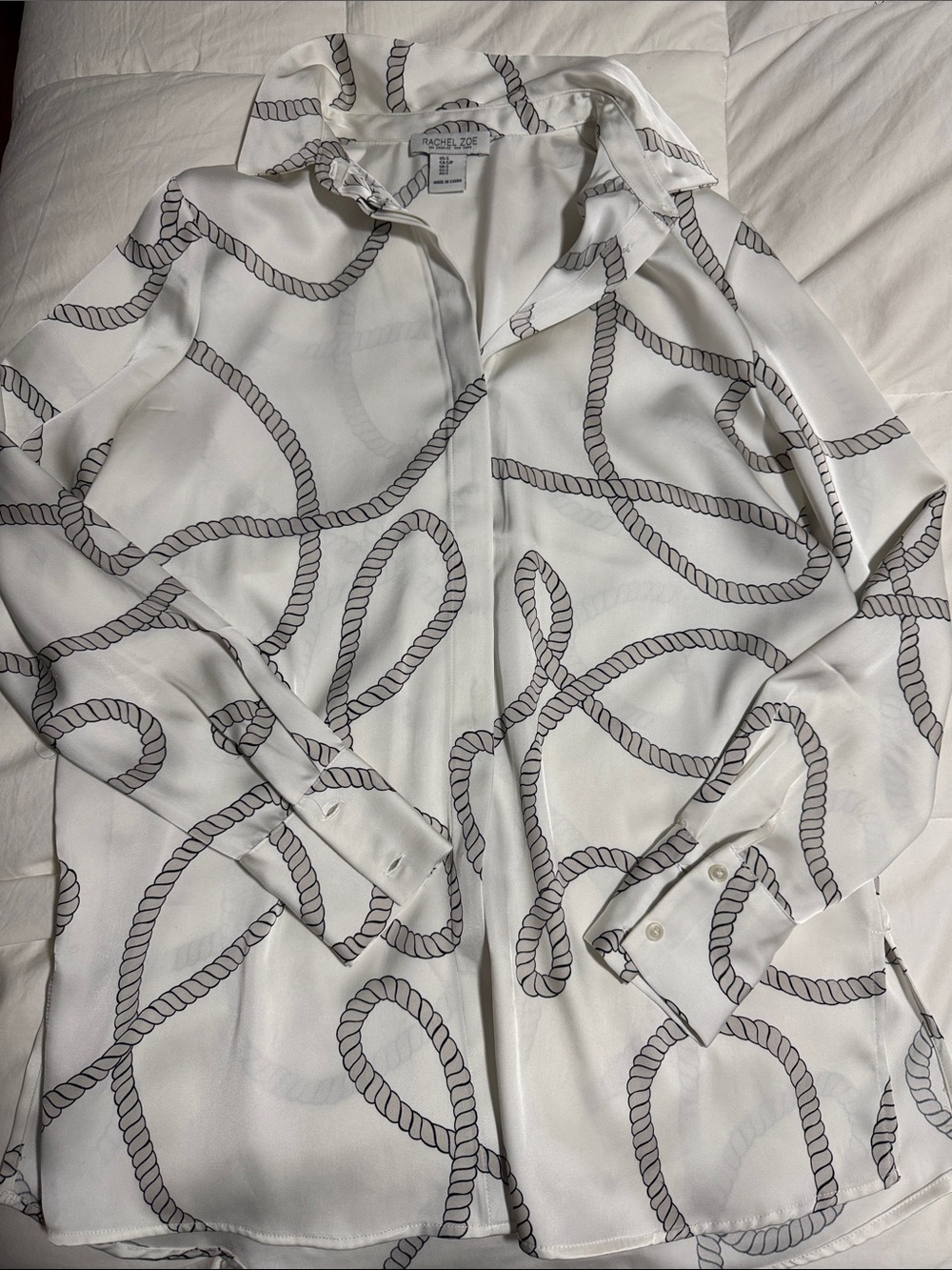 Rachel Zoe White Button-Down Shirt with Gray Rope Print
